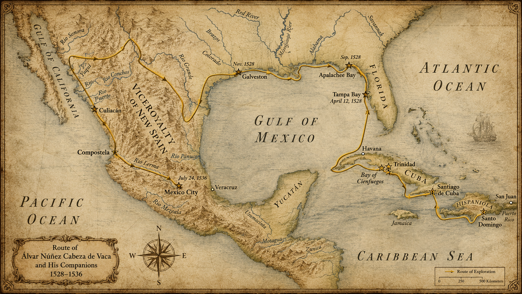 Historical map illustrating the route associated with the Narváez expedition and Estevanico's journey